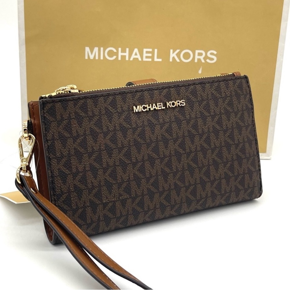 Michael Kors Large Double Zip Wallet Wristlet Brown Signature - Picture 2 of 7